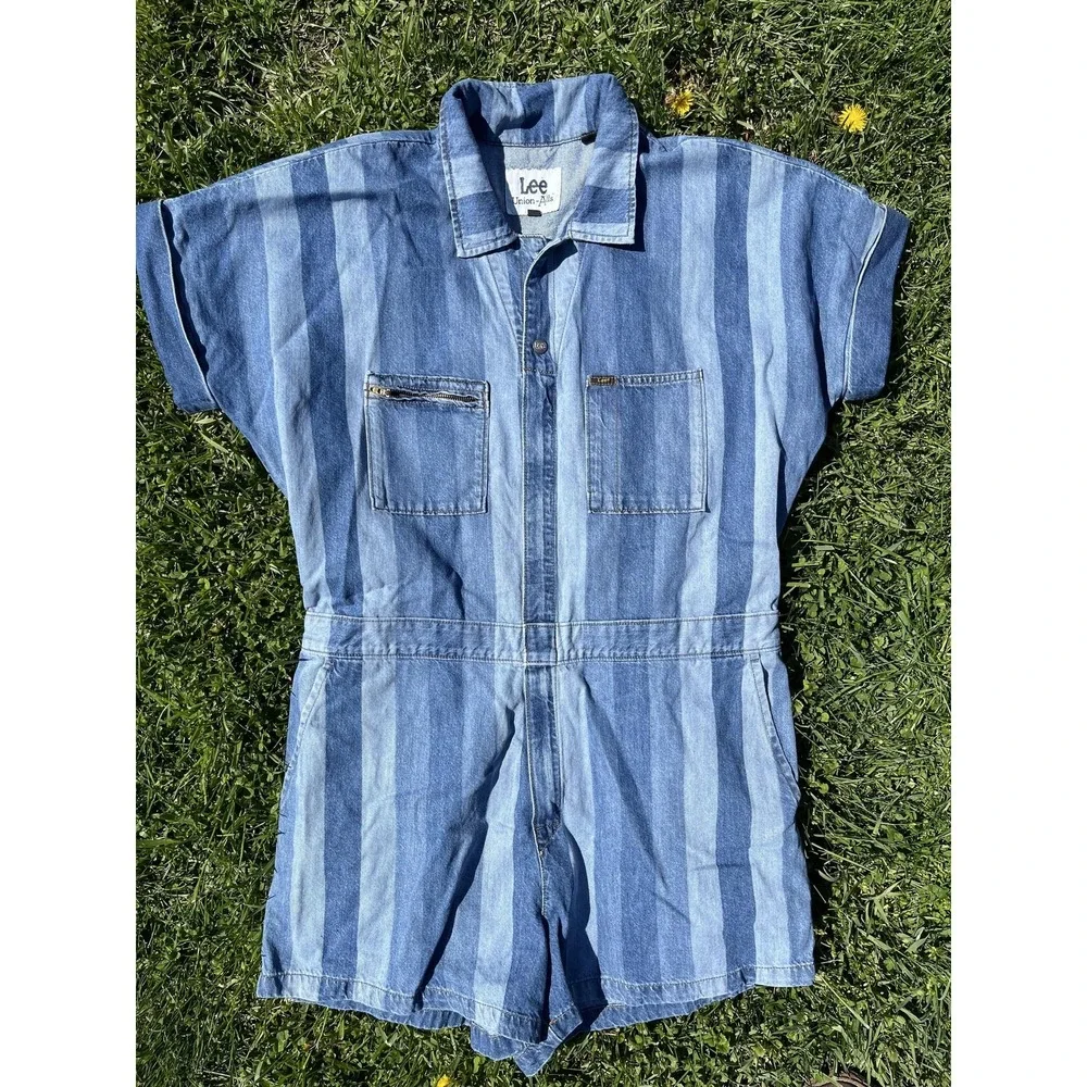 Vintage Lee Union‎ Alls Denim Romper XL Striped Workwear Shortalls 90s